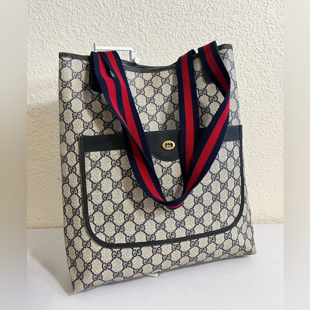 Gucci Vintage Beige GG Canvas Tote with Navy and Red Web Straps